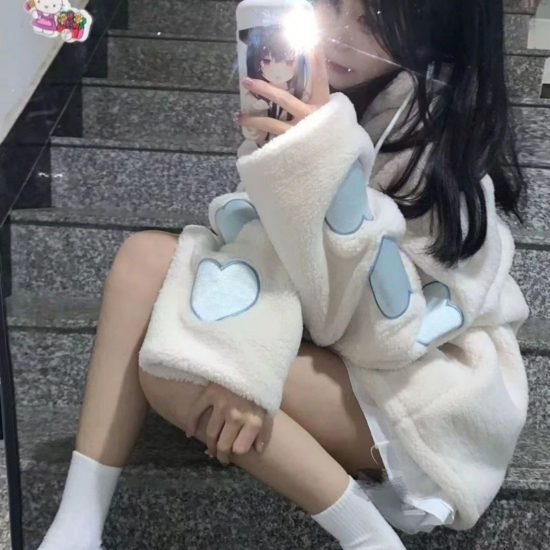 Janjeća vunena jakna u japanskom stilu Ženska ljubavna ženska gornja odjeća s dugim rukavima s uzorkom srca i dugih rukava s patentnim zatvaračem