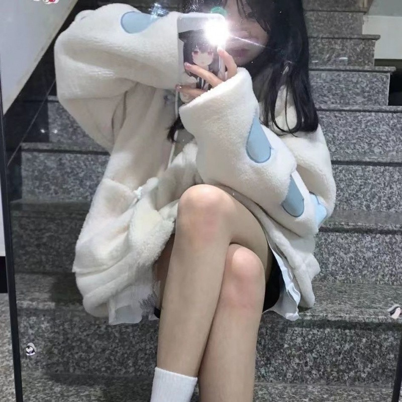 Janjeća vunena jakna u japanskom stilu Ženska ljubavna ženska gornja odjeća s dugim rukavima s uzorkom srca i dugih rukava s patentnim zatvaračem