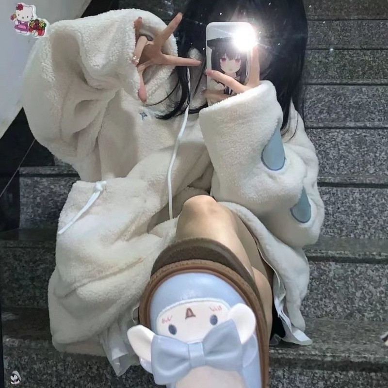 Janjeća vunena jakna u japanskom stilu Ženska ljubavna ženska gornja odjeća s dugim rukavima s uzorkom srca i dugih rukava s patentnim zatvaračem