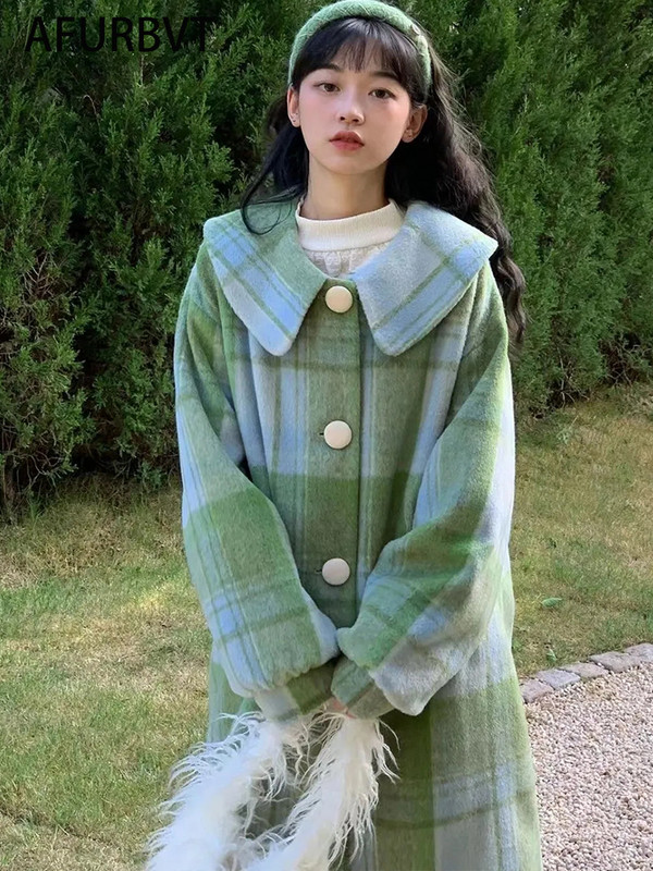 Vuneni kaput Ženski modni kaput jesen zima 2023. Ležerni kaput za uredske dame s jednim kopčanjem i ovratnikom, jednobojni dugi zeleni kaput
