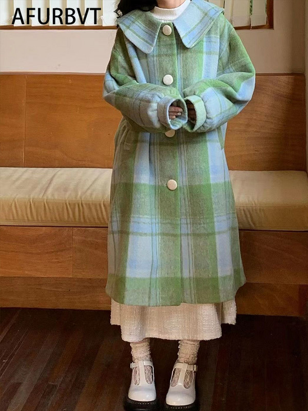 Vuneni kaput Ženski modni kaput jesen zima 2023. Ležerni kaput za uredske dame s jednim kopčanjem i ovratnikom, jednobojni dugi zeleni kaput