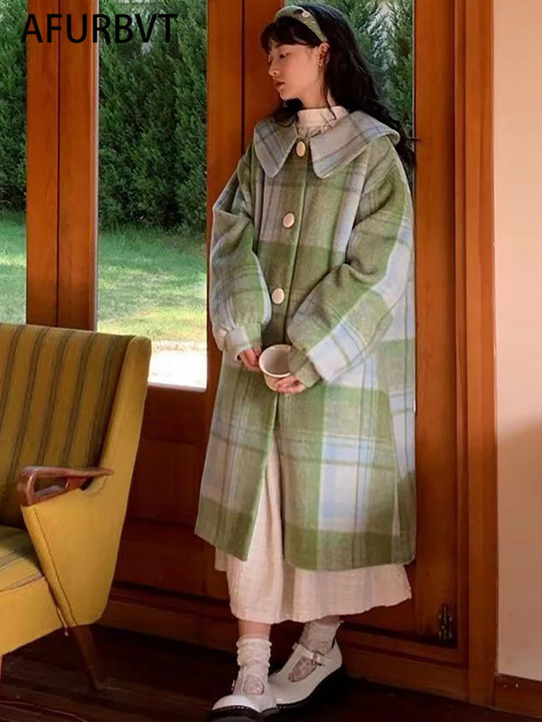 Vuneni kaput Ženski modni kaput jesen zima 2023. Ležerni kaput za uredske dame s jednim kopčanjem i ovratnikom, jednobojni dugi zeleni kaput