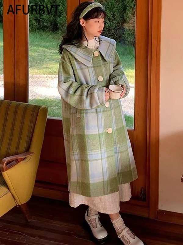 Vuneni kaput Ženski modni kaput jesen zima 2023. Ležerni kaput za uredske dame s jednim kopčanjem i ovratnikom, jednobojni dugi zeleni kaput