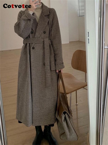 Cotvotee Gingham Wool Coat Γυναικείο Φθινόπωρο Χειμώνας 2023 Νέα Μόδα Μακρυμάνικο Χαλαρό Παλτό Vintage Lace Up Turn Down Jacket