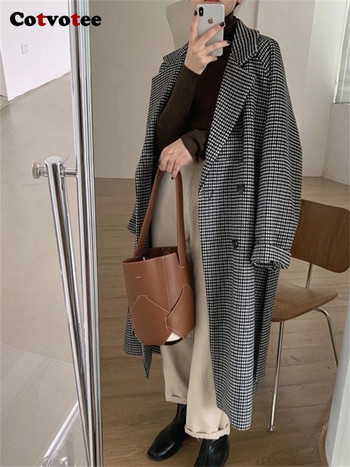 Cotvotee Gingham Wool Coat Γυναικείο Φθινόπωρο Χειμώνας 2023 Νέα Μόδα Μακρυμάνικο Χαλαρό Παλτό Vintage Lace Up Turn Down Jacket