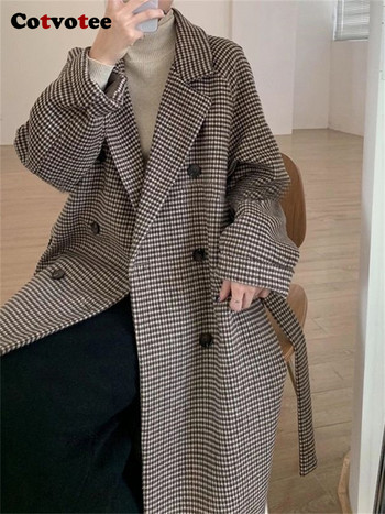 Cotvotee Gingham Wool Coat Γυναικείο Φθινόπωρο Χειμώνας 2023 Νέα Μόδα Μακρυμάνικο Χαλαρό Παλτό Vintage Lace Up Turn Down Jacket