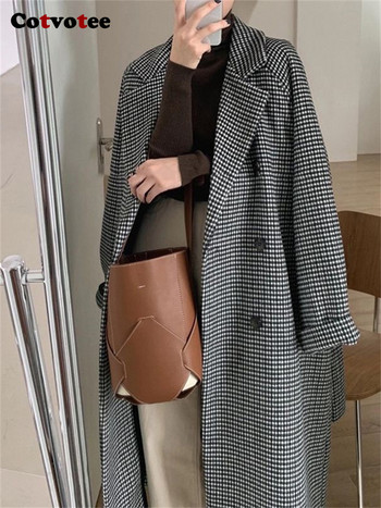 Cotvotee Gingham Wool Coat Γυναικείο Φθινόπωρο Χειμώνας 2023 Νέα Μόδα Μακρυμάνικο Χαλαρό Παλτό Vintage Lace Up Turn Down Jacket