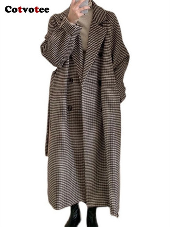 Cotvotee Gingham Wool Coat Γυναικείο Φθινόπωρο Χειμώνας 2023 Νέα Μόδα Μακρυμάνικο Χαλαρό Παλτό Vintage Lace Up Turn Down Jacket