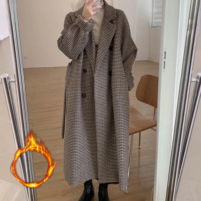 Cotvotee Gingham vuneni kaput Ženska jesen zima 2023. Novi modni široki kaput dugih rukava Vintage jakna na spušteni ovratnik na čipku