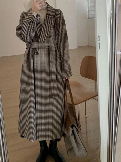 Cotvotee Gingham vuneni kaput Ženska jesen zima 2023. Novi modni široki kaput dugih rukava Vintage jakna na spušteni ovratnik na čipku