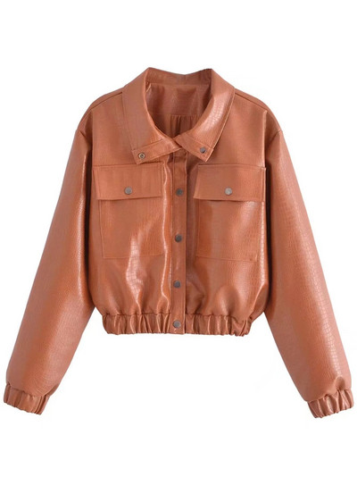 Primăvară Toamnă Scurt Maro Buzunar mare Jachete din piele artificială ușoară pentru femei, cu mânecă lungă, moale, în stil coreean, Moda 2022
