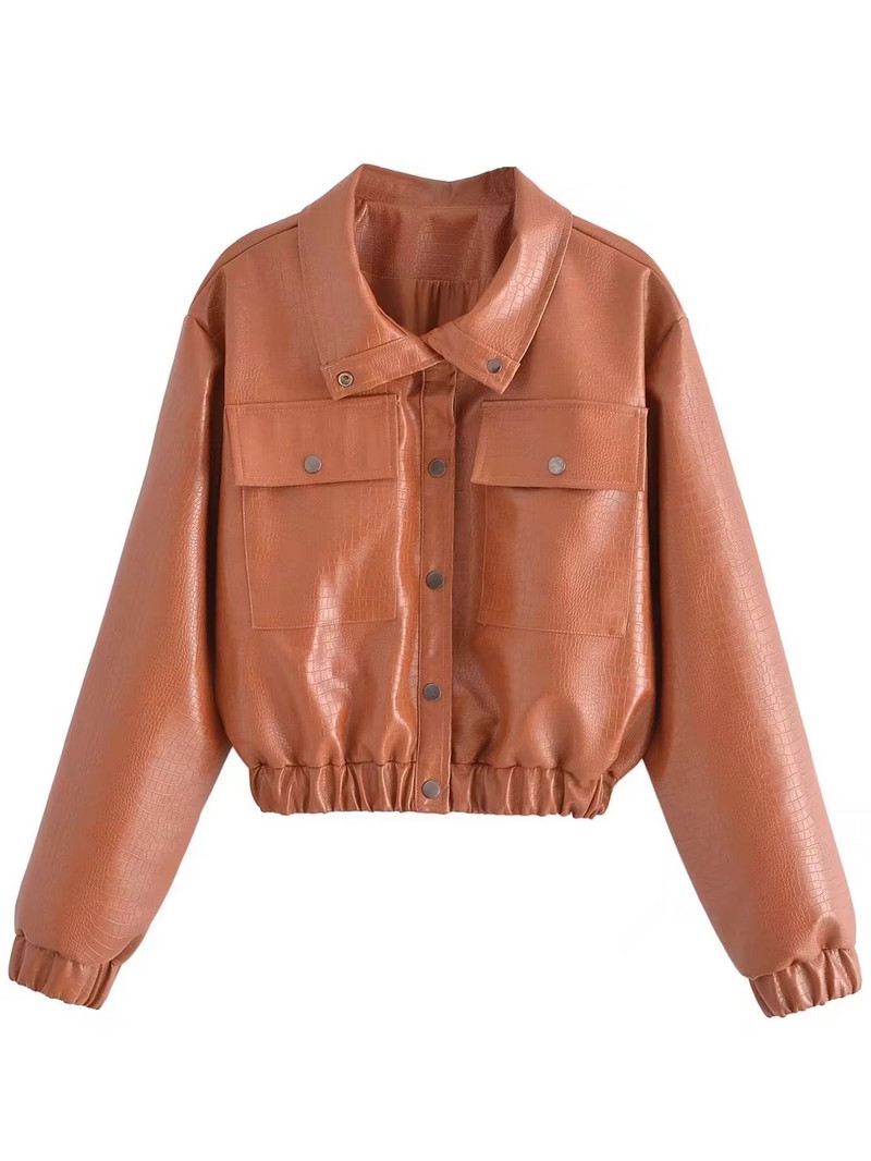 Primăvară Toamnă Scurt Maro Buzunar mare Jachete din piele artificială ușoară pentru femei, cu mânecă lungă, moale, în stil coreean, Moda 2022