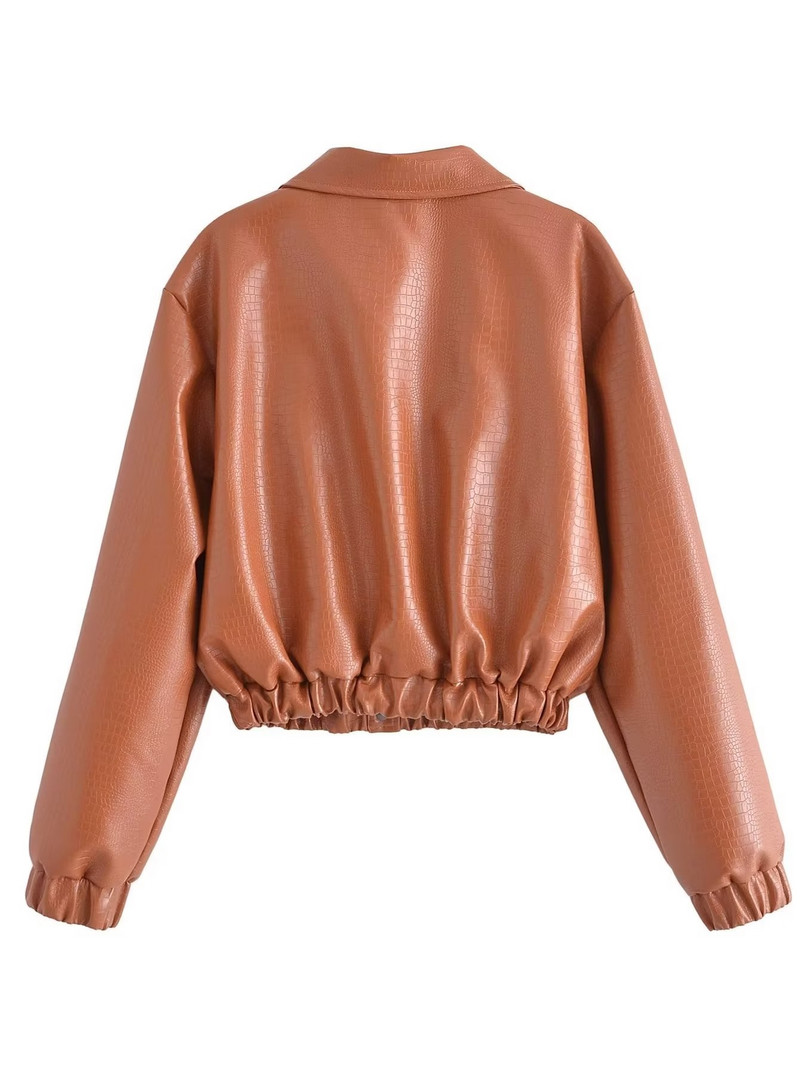 Primăvară Toamnă Scurt Maro Buzunar mare Jachete din piele artificială ușoară pentru femei, cu mânecă lungă, moale, în stil coreean, Moda 2022