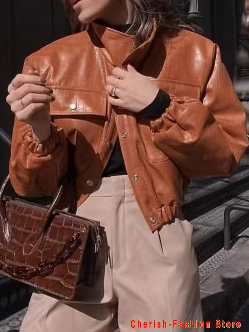 Primăvară Toamnă Scurt Maro Buzunar mare Jachete din piele artificială ușoară pentru femei, cu mânecă lungă, moale, în stil coreean, Moda 2022