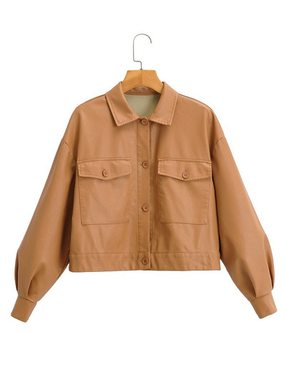 Modes šiks PU ādas blūze sieviešu jaka kabata cietas pogas uz augšu ziema rudens sieviešu krekls top Stilīgas blūzes brūnas melnas