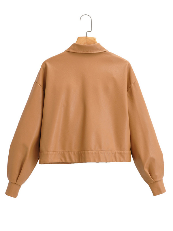 Modes šiks PU ādas blūze sieviešu jaka kabata cietas pogas uz augšu ziema rudens sieviešu krekls top Stilīgas blūzes brūnas melnas