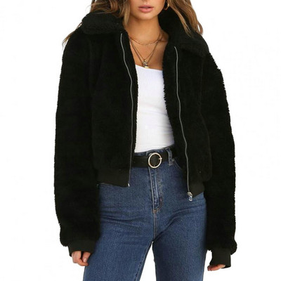 Jachetă de iarnă pentru femei, groasă de pluș, de culoare solidă, cu mânecă lungă, cu fermoar, buzunare moi, calde, cu rever, ocazional, cu manșetă elastică, jachetă scurtă în aer liber