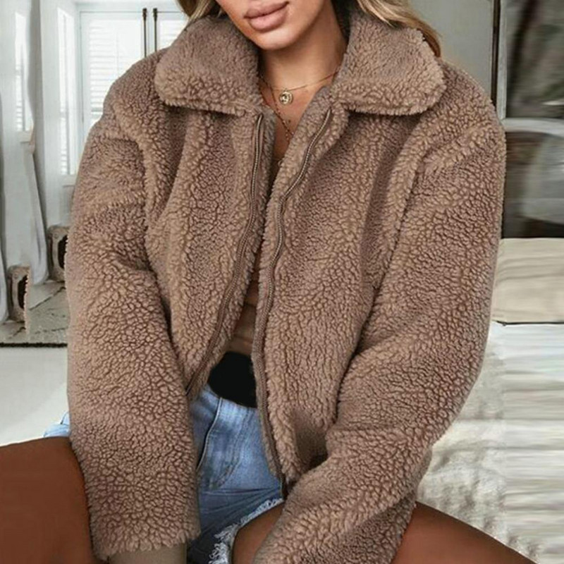 Jachetă de iarnă pentru femei, groasă de pluș, de culoare solidă, cu mânecă lungă, cu fermoar, buzunare moi, calde, cu rever, ocazional, cu manșetă elastică, jachetă scurtă în aer liber