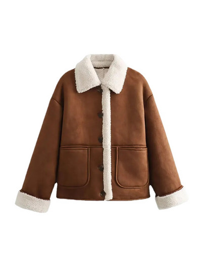 Nlzgmsj TRAF 2023 Дамско ретро джобове с кръпки Есенно зимно яке с дълъг ръкав и яка с ревер Дамско топло палто