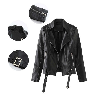 2023. gada rudens ziemas Sieviešu mākslīgās pu ādas īsa jaka ar jostu, motociklistu motociklistu rāvējslēdzējs, atloks Bomberjaka, plāns mētelis