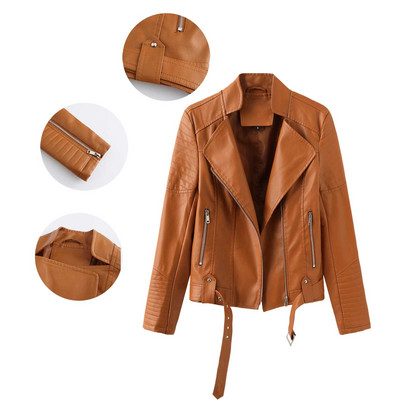 2023. gada rudens ziemas Sieviešu mākslīgās pu ādas īsa jaka ar jostu, motociklistu motociklistu rāvējslēdzējs, atloks Bomberjaka, plāns mētelis