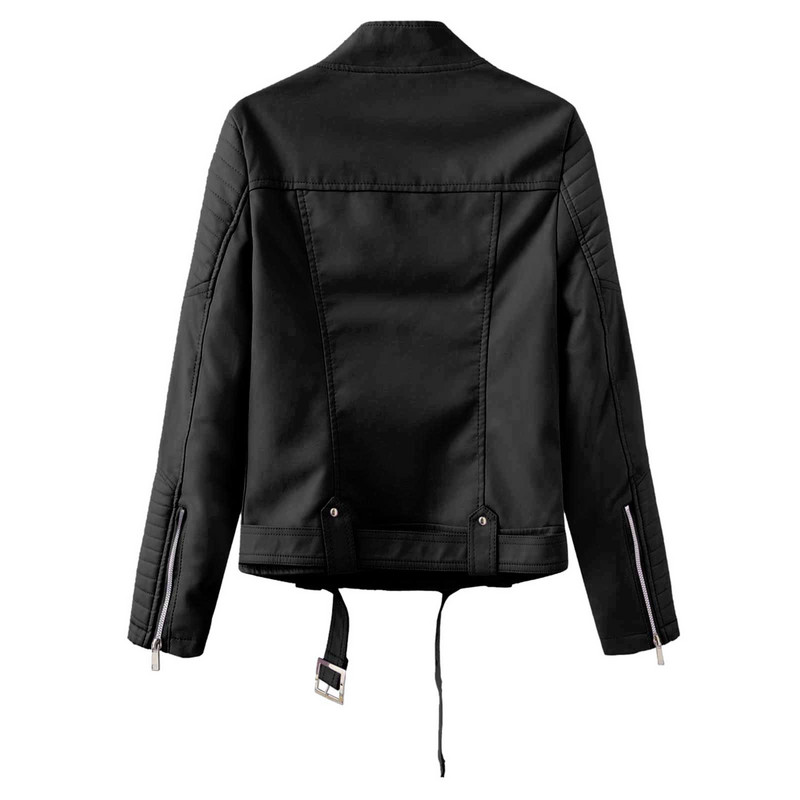 2023. gada rudens ziemas Sieviešu mākslīgās pu ādas īsa jaka ar jostu, motociklistu motociklistu rāvējslēdzējs, atloks Bomberjaka, plāns mētelis