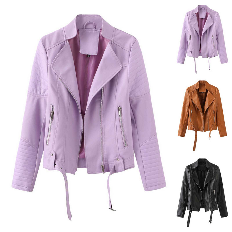 2023. gada rudens ziemas Sieviešu mākslīgās pu ādas īsa jaka ar jostu, motociklistu motociklistu rāvējslēdzējs, atloks Bomberjaka, plāns mētelis