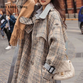 RUN XIANG CHENG Sieviešu korejiešu augstākās klases rūtains vilnas mētelis vidēja garuma, sabiezināts, brīvi pieguļošs vilnas mētelis Bezmaksas piegāde