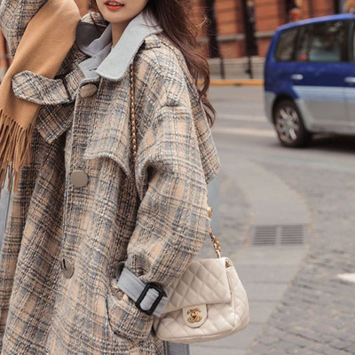 RUN XIANG CHENG Sieviešu korejiešu augstākās klases rūtains vilnas mētelis vidēja garuma, sabiezināts, brīvi pieguļošs vilnas mētelis Bezmaksas piegāde