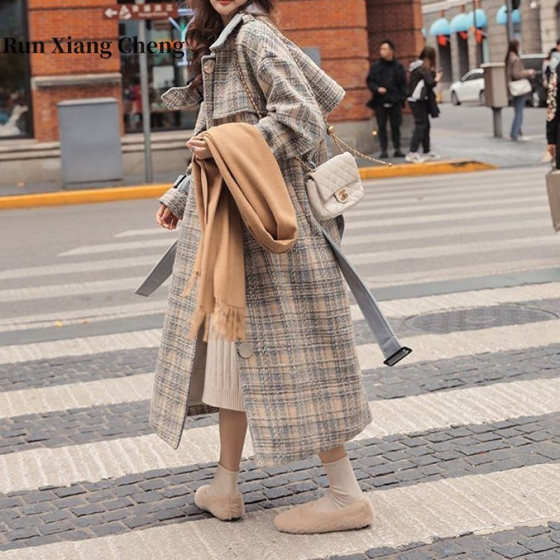 RUN XIANG CHENG Sieviešu korejiešu augstākās klases rūtains vilnas mētelis vidēja garuma, sabiezināts, brīvi pieguļošs vilnas mētelis Bezmaksas piegāde