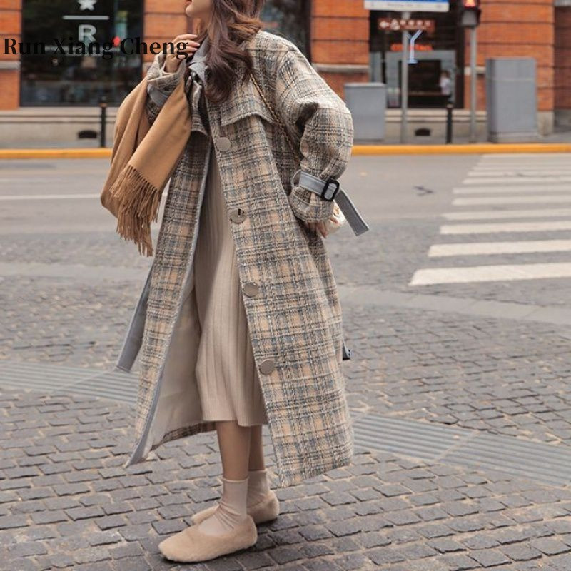 RUN XIANG CHENG Sieviešu korejiešu augstākās klases rūtains vilnas mētelis vidēja garuma, sabiezināts, brīvi pieguļošs vilnas mētelis Bezmaksas piegāde