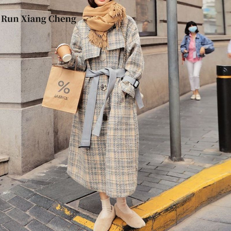 RUN XIANG CHENG Sieviešu korejiešu augstākās klases rūtains vilnas mētelis vidēja garuma, sabiezināts, brīvi pieguļošs vilnas mētelis Bezmaksas piegāde