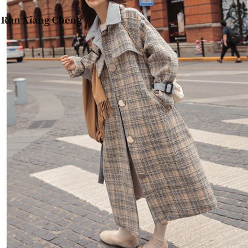 RUN XIANG CHENG Sieviešu korejiešu augstākās klases rūtains vilnas mētelis vidēja garuma, sabiezināts, brīvi pieguļošs vilnas mētelis Bezmaksas piegāde