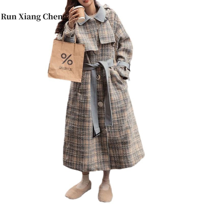 RUN XIANG CHENG Sieviešu korejiešu augstākās klases rūtains vilnas mētelis vidēja garuma, sabiezināts, brīvi pieguļošs vilnas mētelis Bezmaksas piegāde