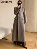 Toamnă 2023, haină elegantă din amestec de lână pentru femei, la modă, cu rever îngroșat, jachete lungi cu două piepte, îmbrăcăminte exterioară de cașmir pentru damă de birou