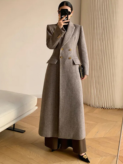 Toamnă 2023, haină elegantă din amestec de lână pentru femei, la modă, cu rever îngroșat, jachete lungi cu două piepte, îmbrăcăminte exterioară de cașmir pentru damă de birou