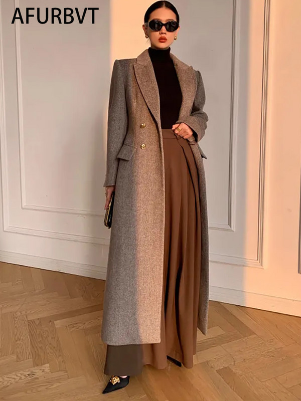 Toamnă 2023, haină elegantă din amestec de lână pentru femei, la modă, cu rever îngroșat, jachete lungi cu două piepte, îmbrăcăminte exterioară de cașmir pentru damă de birou