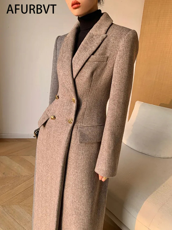 Toamnă 2023, haină elegantă din amestec de lână pentru femei, la modă, cu rever îngroșat, jachete lungi cu două piepte, îmbrăcăminte exterioară de cașmir pentru damă de birou