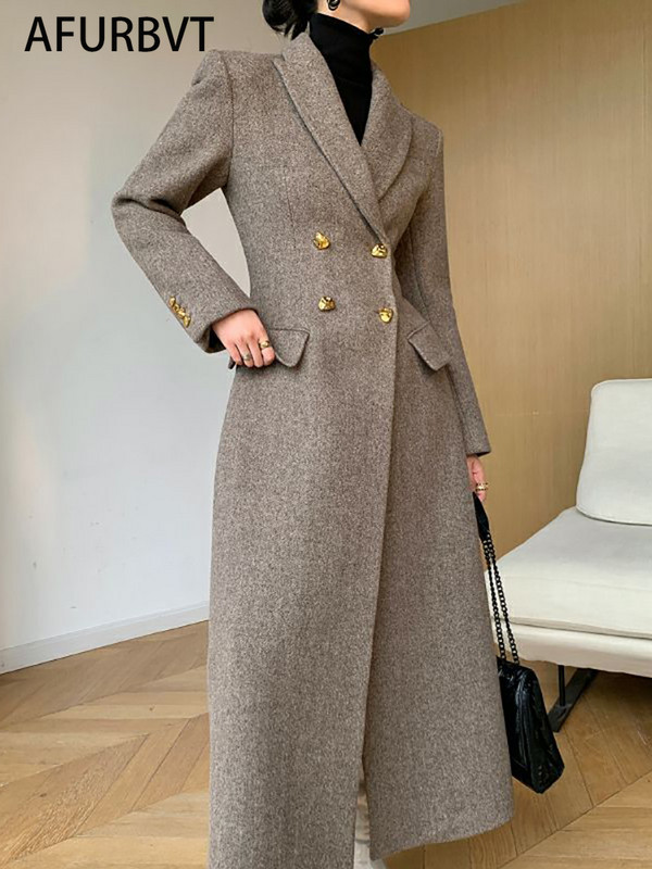 Toamnă 2023, haină elegantă din amestec de lână pentru femei, la modă, cu rever îngroșat, jachete lungi cu două piepte, îmbrăcăminte exterioară de cașmir pentru damă de birou