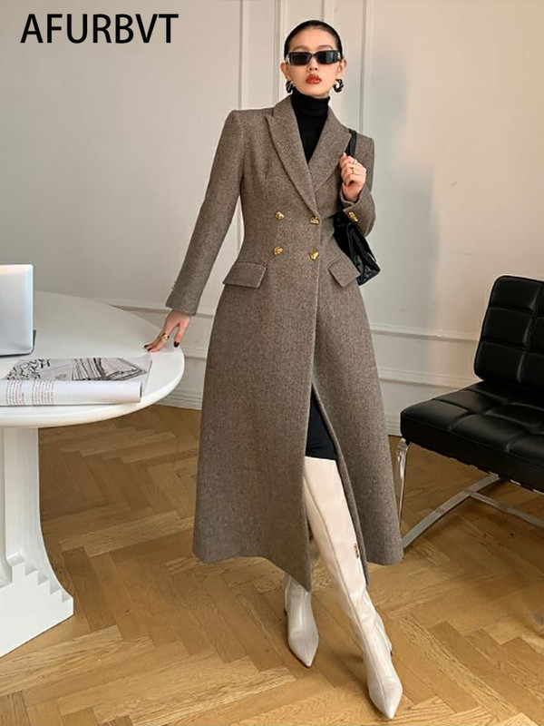 Toamnă 2023, haină elegantă din amestec de lână pentru femei, la modă, cu rever îngroșat, jachete lungi cu două piepte, îmbrăcăminte exterioară de cașmir pentru damă de birou