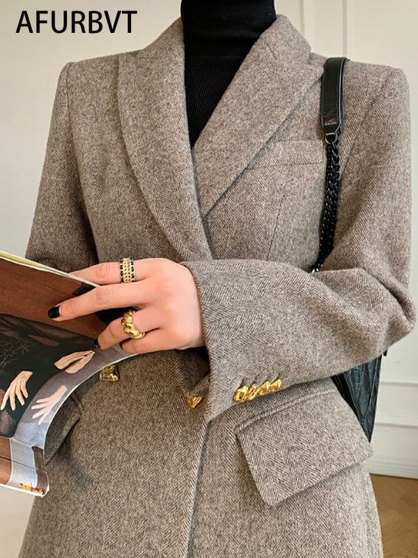 Toamnă 2023, haină elegantă din amestec de lână pentru femei, la modă, cu rever îngroșat, jachete lungi cu două piepte, îmbrăcăminte exterioară de cașmir pentru damă de birou