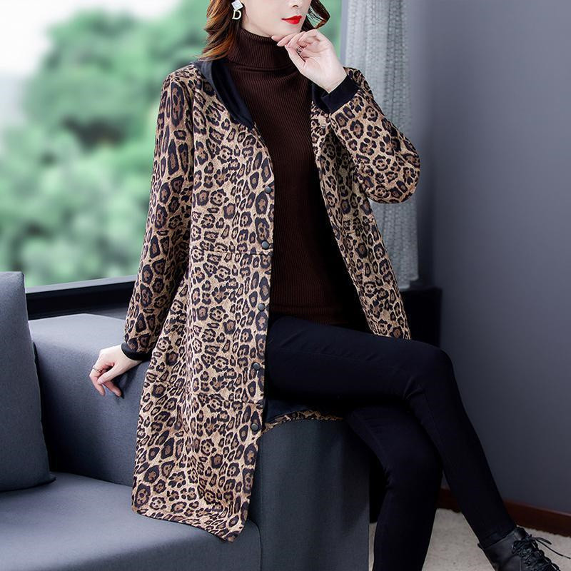 Plus Catifea Mom Fashion Print Leopard High Sense 2023 Toamna Si Iarna Nou Trench Lloose Slim Long De Gama Inalta.