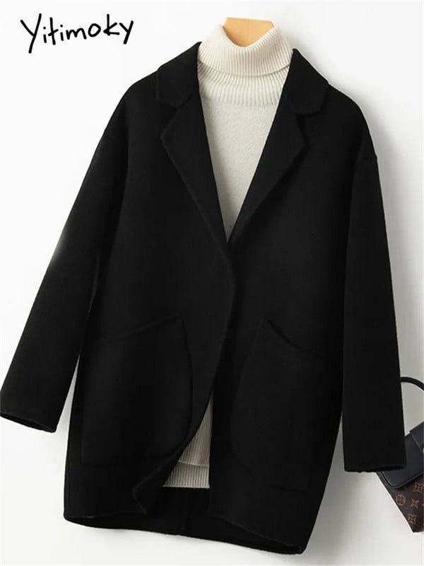 Yitimoky vuneni kaput s džepovima Ženska jesen zima 2023. Nova modna široka jakna dugih rukava Vintage ležerni kaputi s ovratnikom