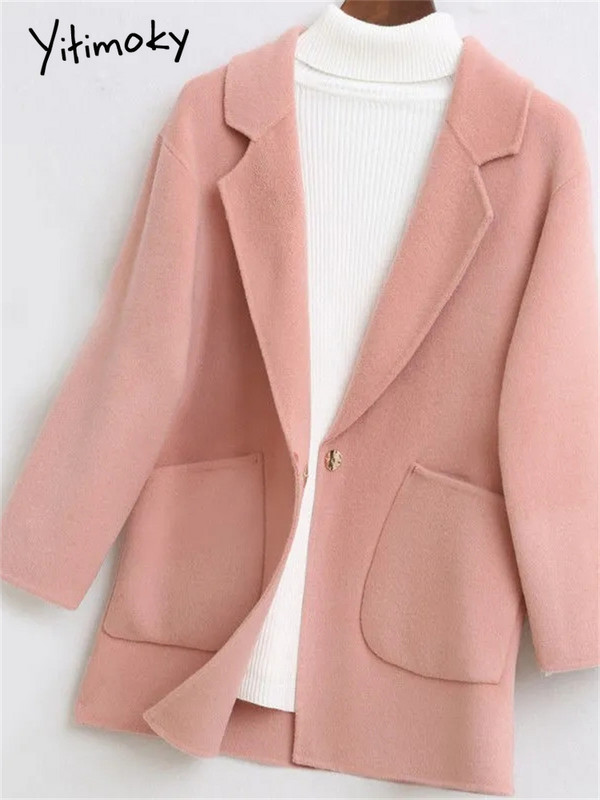 Yitimoky vuneni kaput s džepovima Ženska jesen zima 2023. Nova modna široka jakna dugih rukava Vintage ležerni kaputi s ovratnikom