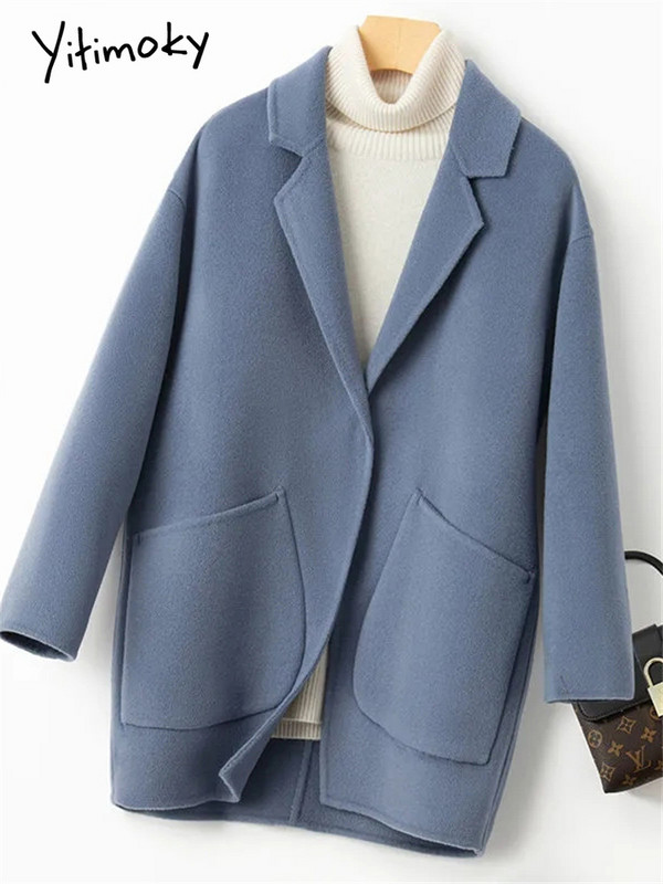 Yitimoky vuneni kaput s džepovima Ženska jesen zima 2023. Nova modna široka jakna dugih rukava Vintage ležerni kaputi s ovratnikom
