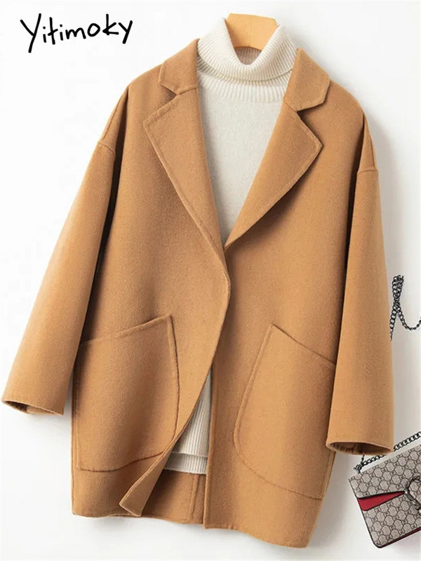 Yitimoky vuneni kaput s džepovima Ženska jesen zima 2023. Nova modna široka jakna dugih rukava Vintage ležerni kaputi s ovratnikom