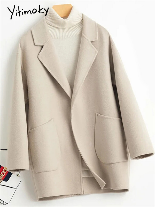Yitimoky vuneni kaput s džepovima Ženska jesen zima 2023. Nova modna široka jakna dugih rukava Vintage ležerni kaputi s ovratnikom