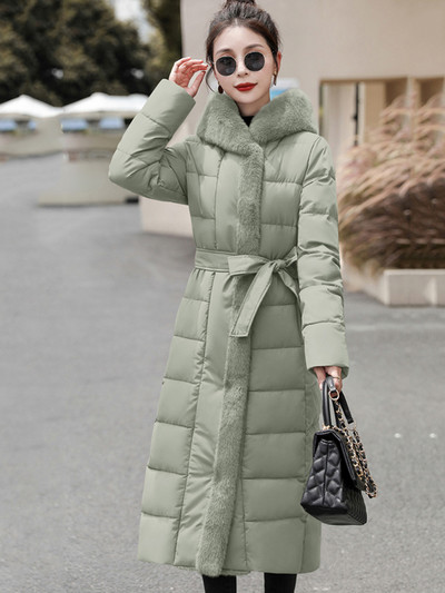 2023, noua jachetă puf pentru femei, iarnă, parka lungă, cu glugă, îngroșată, caldă, pentru femei, haină de zăpadă, cu o curea, îmbrăcăminte largi căptușită din bumbac