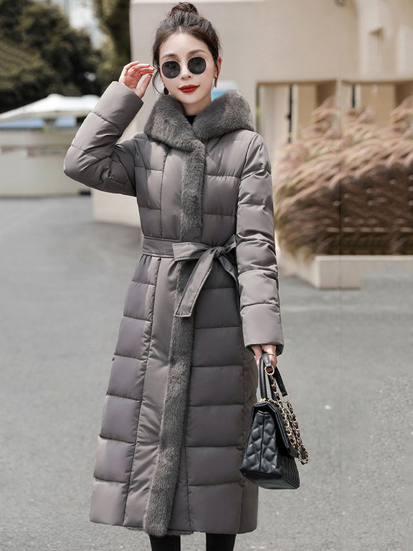 2023, noua jachetă puf pentru femei, iarnă, parka lungă, cu glugă, îngroșată, caldă, pentru femei, haină de zăpadă, cu o curea, îmbrăcăminte largi căptușită din bumbac