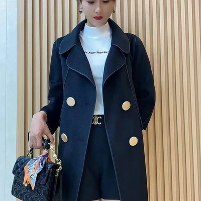 2023. gada jauns, ar rokām savienots vilnas mētelis Vidēji gara kašmira jaka, melna brīva 4XL sieviešu pavasara rudens augstākās klases vilnas mētelis Lady Vintag